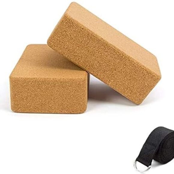Cork Yoga Blocks, 2 Pack, with 1 Yoga Strap, High Density Solid Natural Cork Yog - Picture 1 of 7